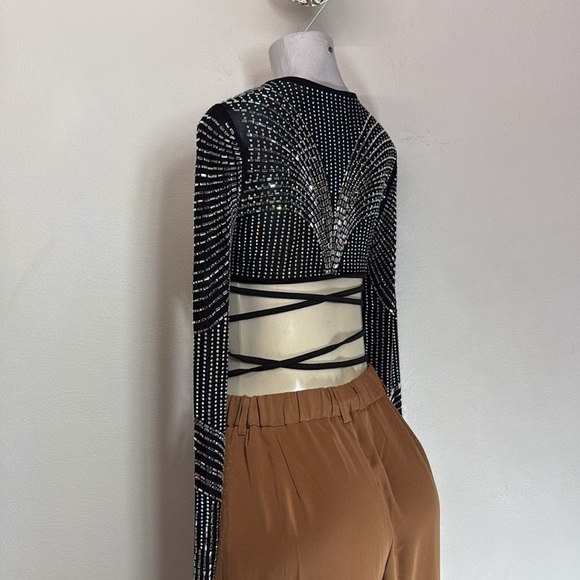 (A5) BAJUL Sheer Crop Top with Rhinestones and Trim, Size M - Picture 5 of 10